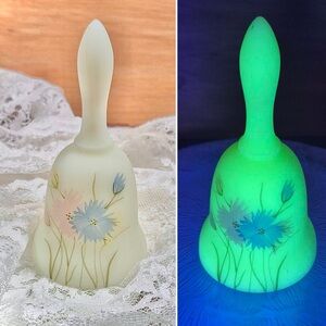 Fenton Custard Glass Bell with Dianthus Flowers -  UV Glowing Satin